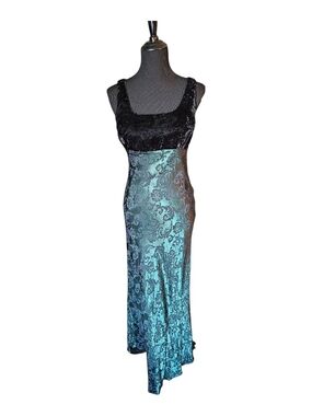 Vintage R-Wear Velvet & Jacquard Lace Up Maxi Dress Goth Prom Formal Green Black